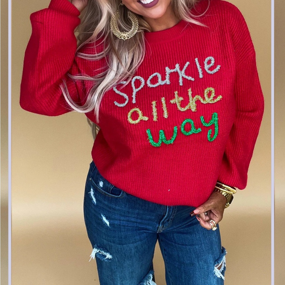 NWT Main Strip Sparkly Christmas Red Sweater with Sparkle Design‎ Size Large